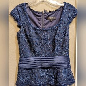 Tadashi Shoji Collection Top Size 6 Dark Blue Lace Beaded Embellished Cap Sleeve